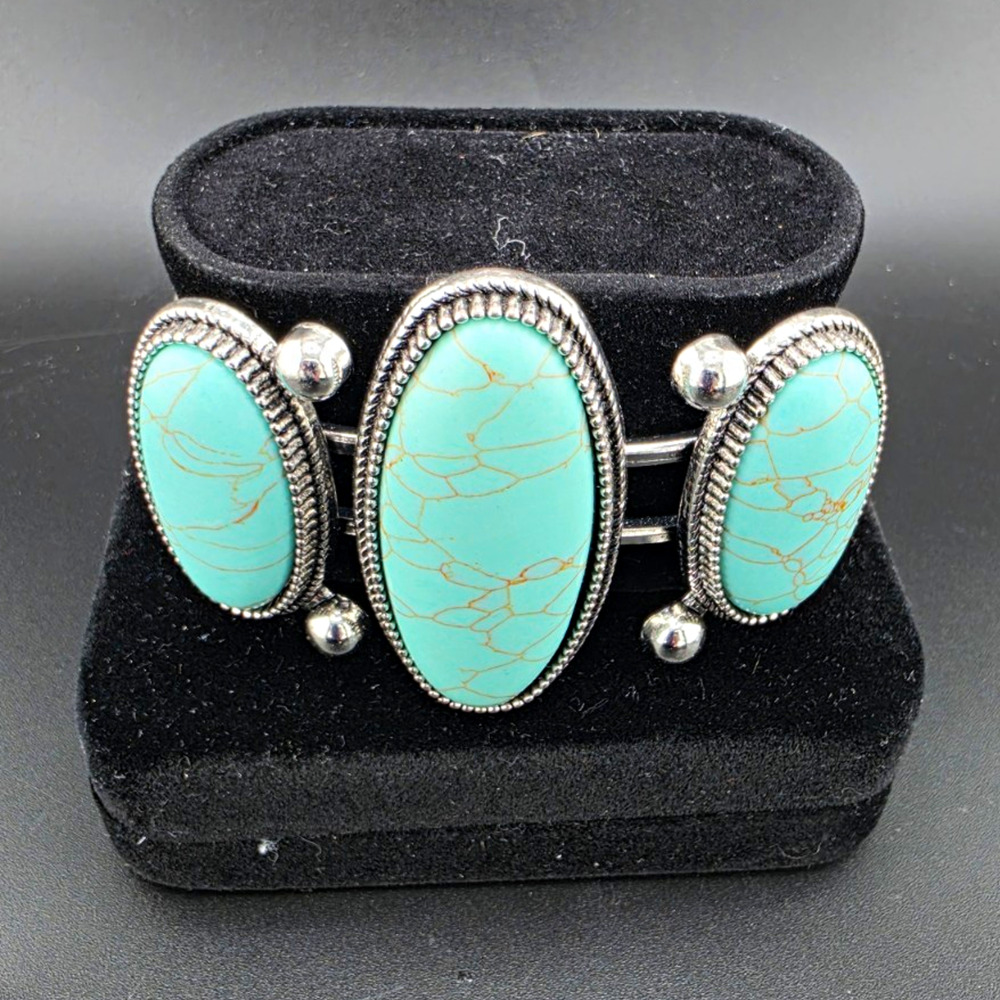 Silver Tone Hinged Cuff Bracelet Bezel Set 3 Oval Turquoise Stones